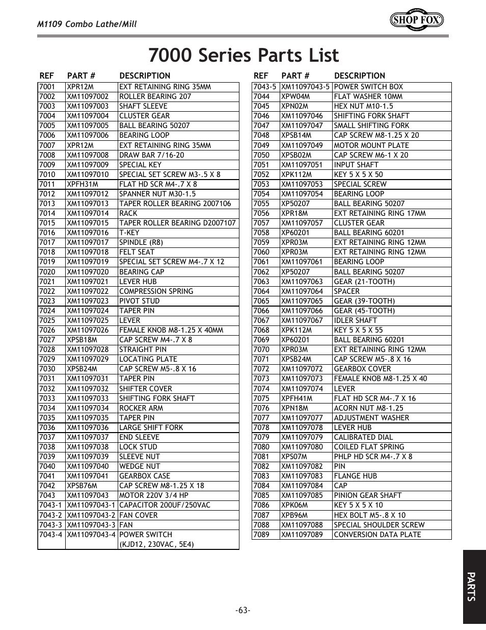 7000 series parts list, Pa rt s | Woodstock M1109 User Manual | Page 65 / 74