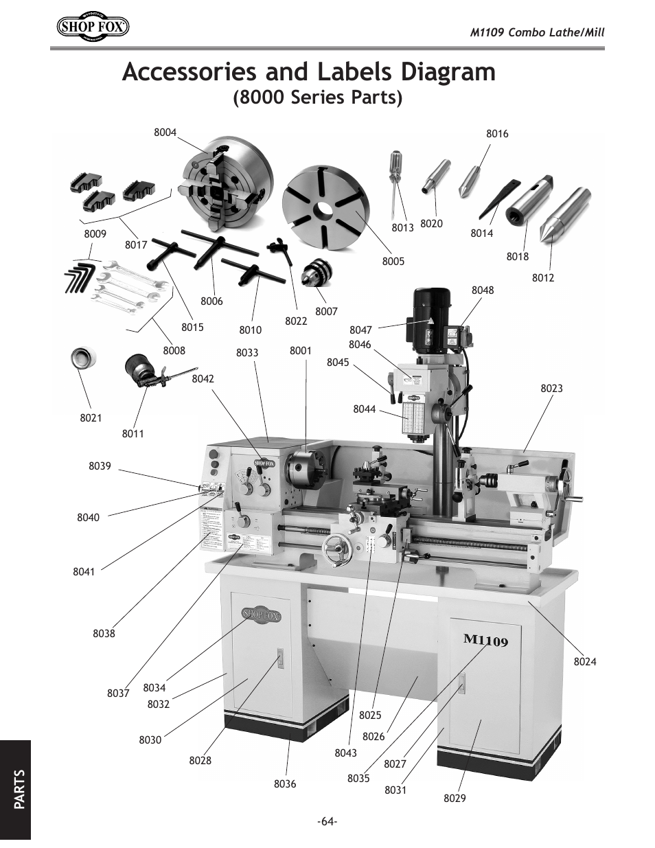 Accessories and labels diagram, 8000 series parts), Pa rt s | Woodstock M1109 User Manual | Page 66 / 74