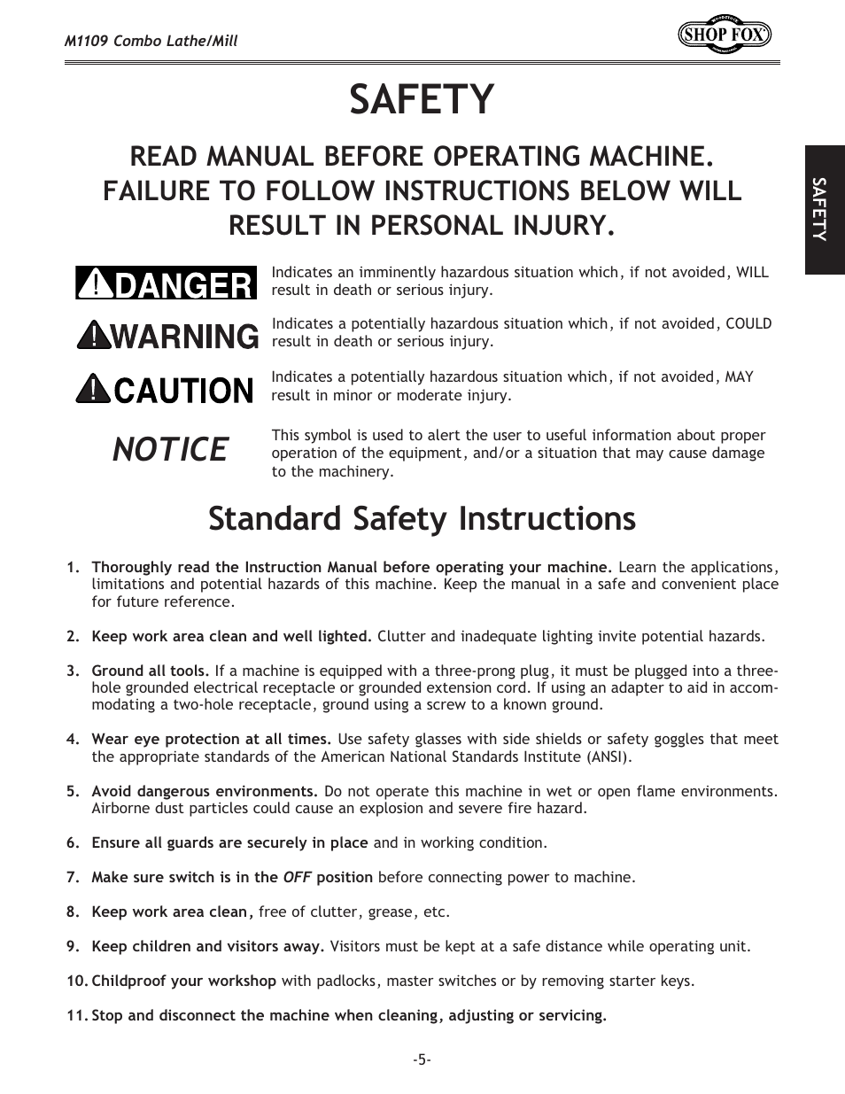 Safety, Standard safety instructions, Notice | Woodstock M1109 User Manual | Page 7 / 74