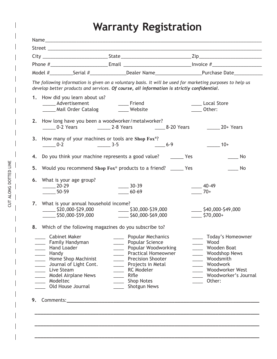 Warranty registration | Woodstock M1109 User Manual | Page 71 / 74