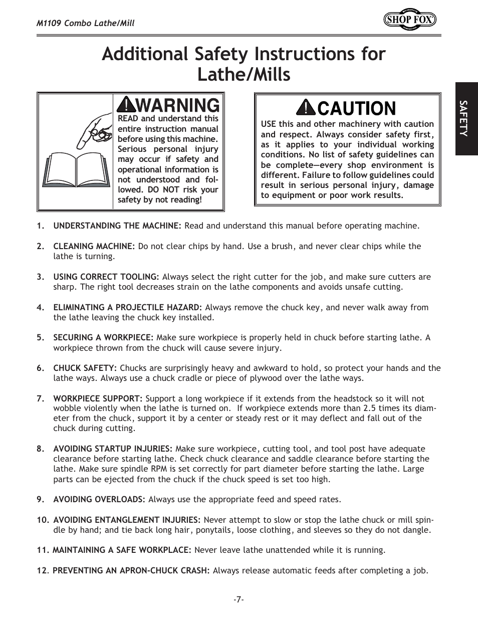 Additional safety instructions for lathe/mills | Woodstock M1109 User Manual | Page 9 / 74