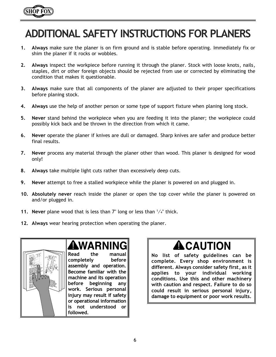 Additional safety instructions for planers | Woodstock W1683 User Manual | Page 10 / 50