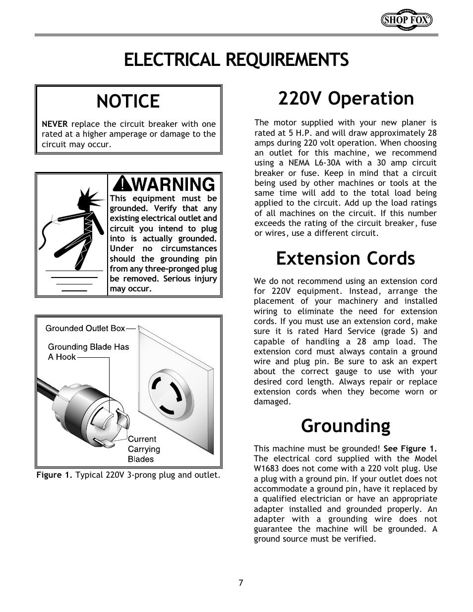 Electrical requirements 220v operation, Extension cords grounding, Notice | Woodstock W1683 User Manual | Page 11 / 50