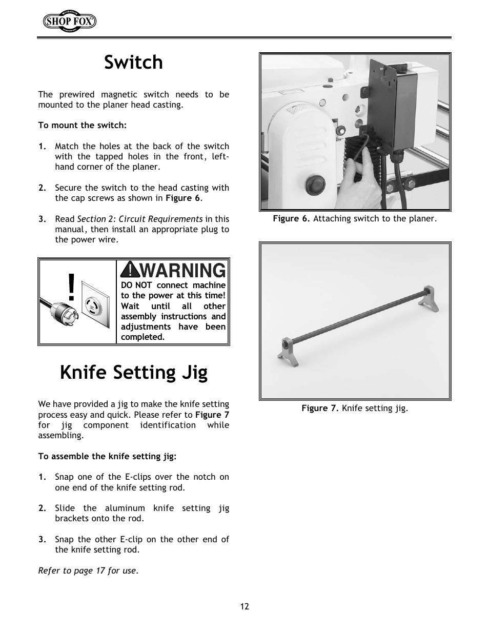 Switch, Knife setting jig | Woodstock W1683 User Manual | Page 16 / 50