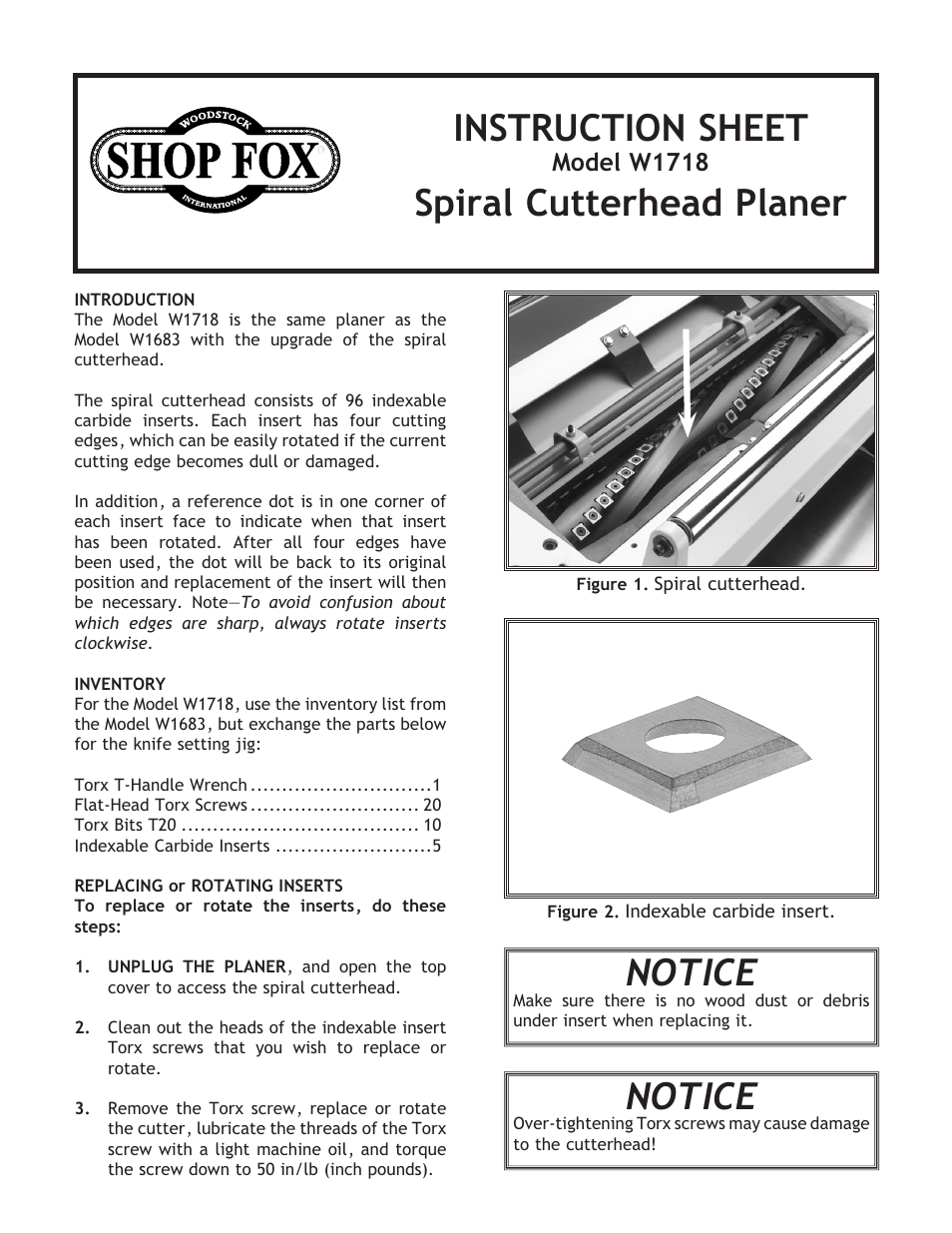 Instruction sheet, Spiral cutterhead planer, Notice | Model w1718 | Woodstock W1683 User Manual | Page 2 / 50