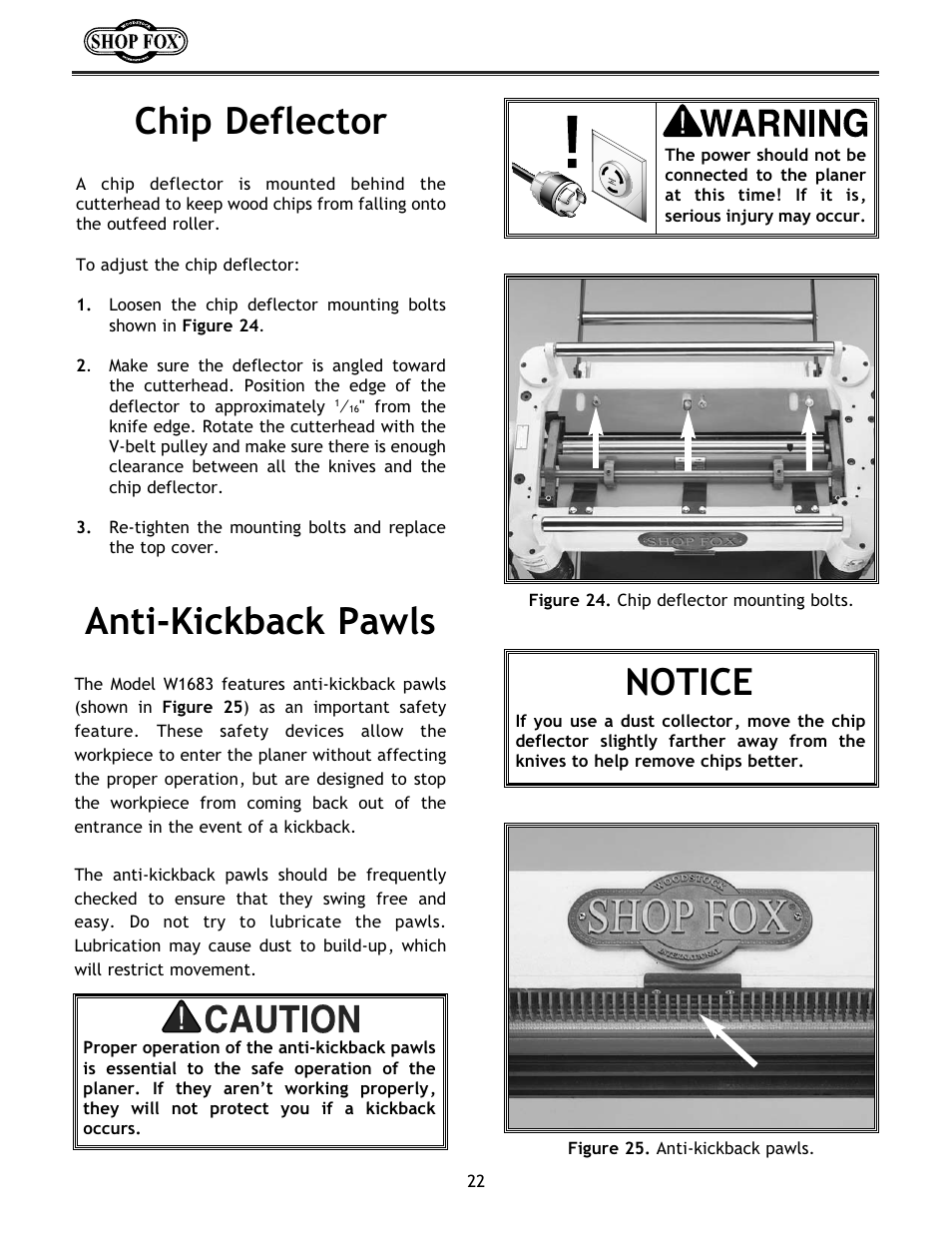 Notice, Chip deflector anti-kickback pawls | Woodstock W1683 User Manual | Page 26 / 50