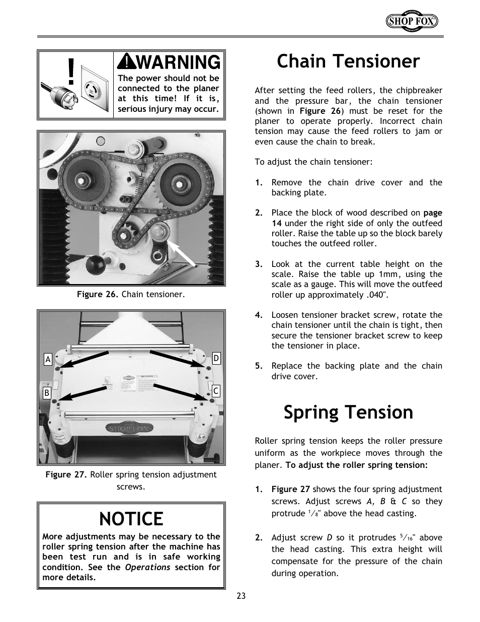 Notice, Spring tension chain tensioner | Woodstock W1683 User Manual | Page 27 / 50