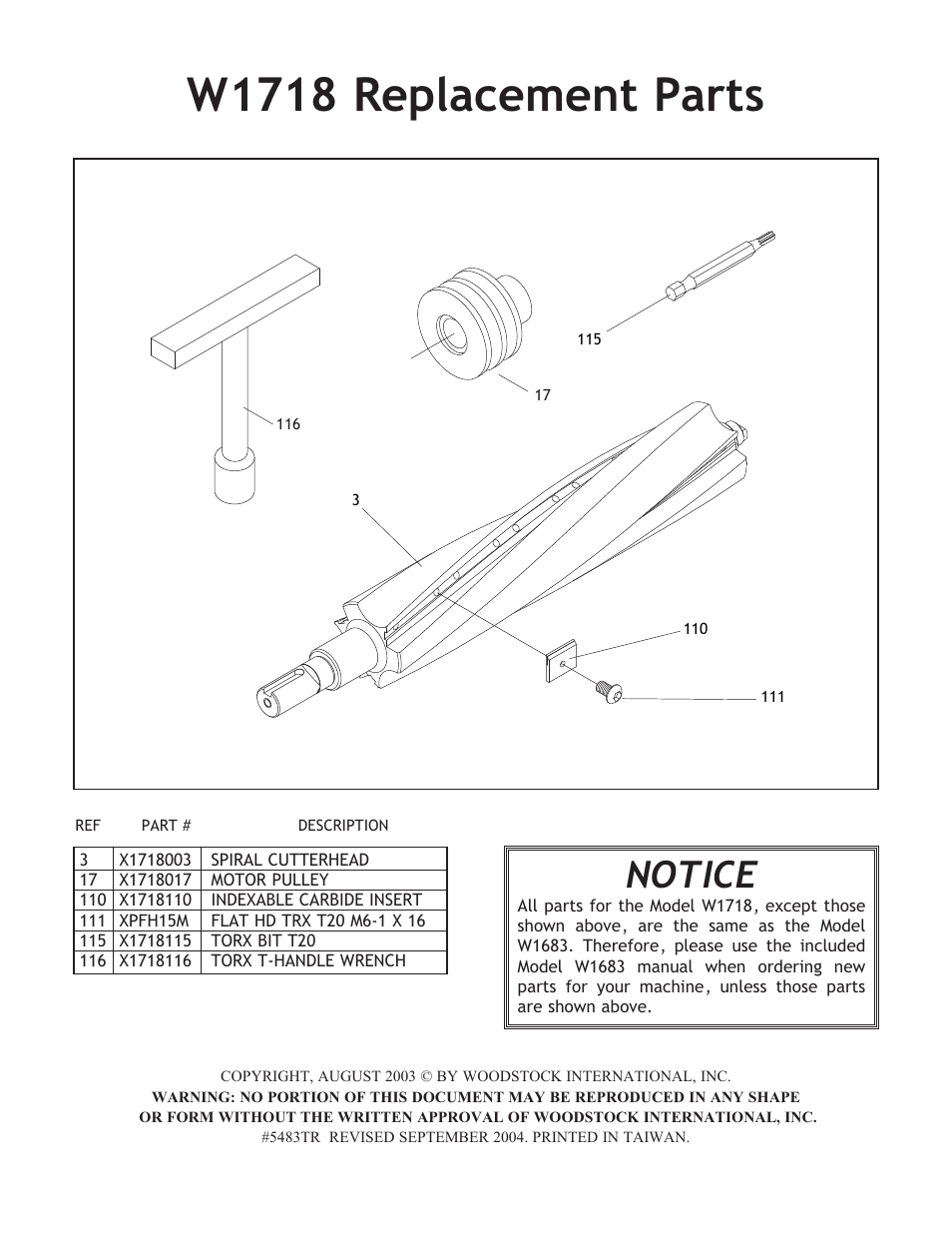 W1718 replacement parts, Notice | Woodstock W1683 User Manual | Page 3 / 50