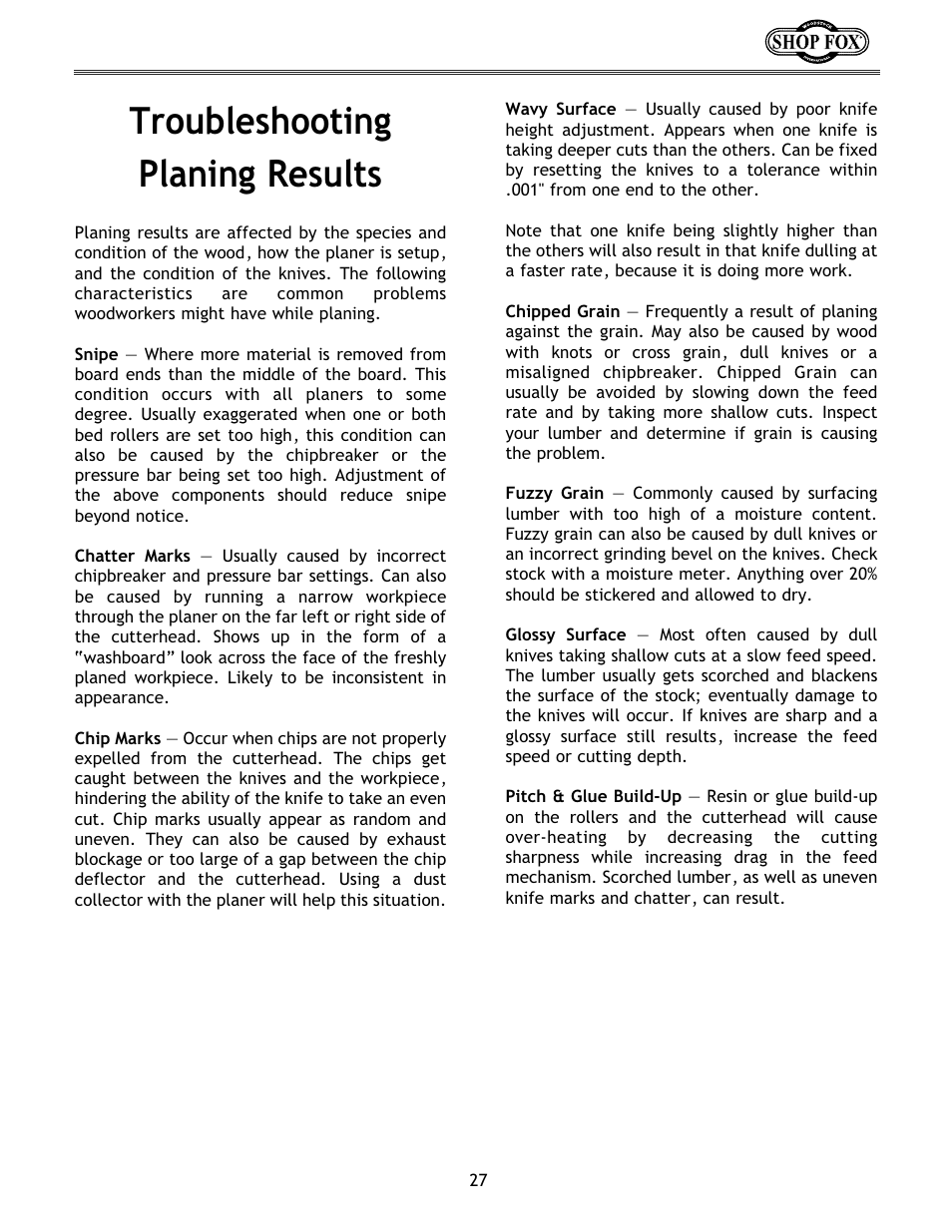 Troubleshooting planing results | Woodstock W1683 User Manual | Page 31 / 50