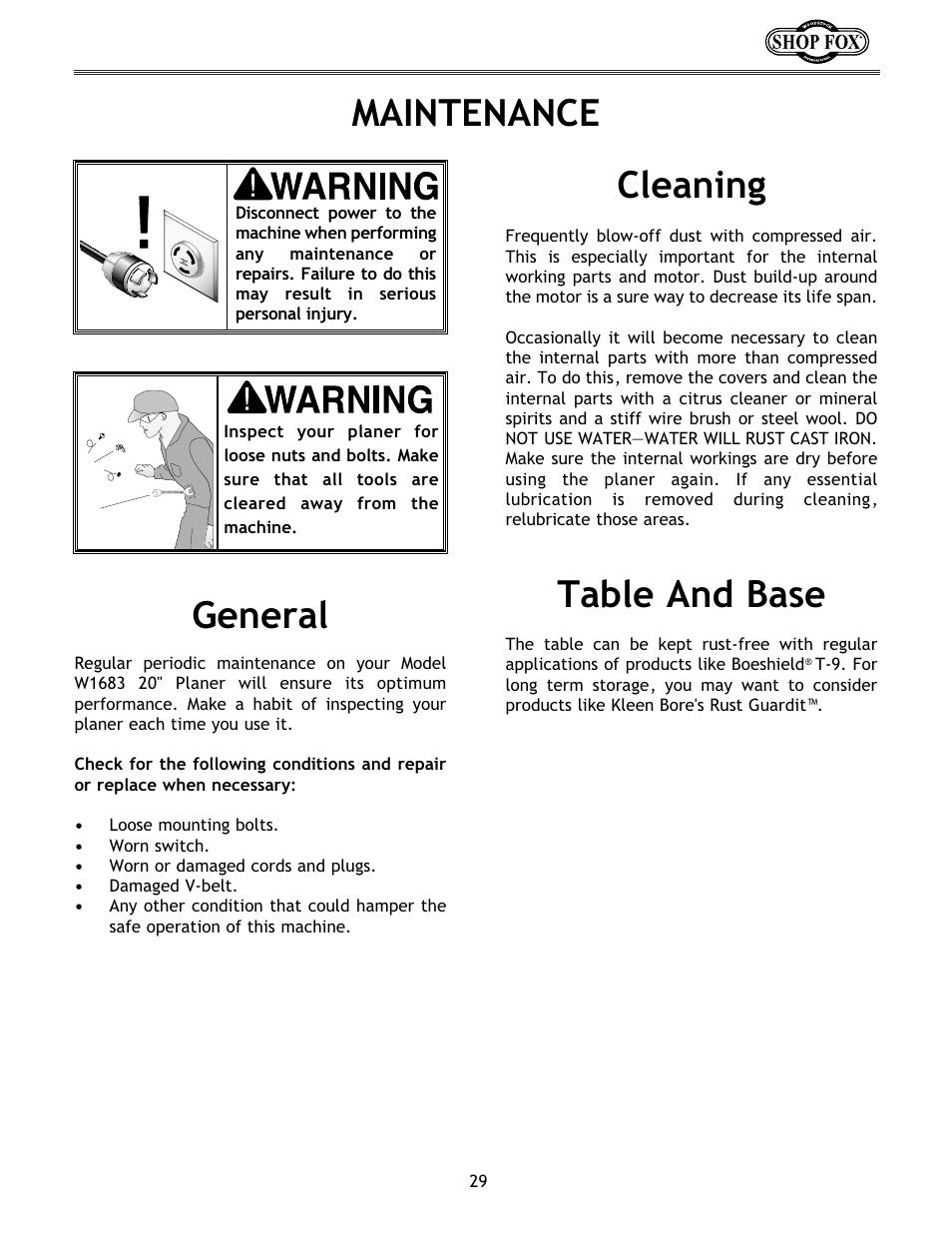 Maintenance, General cleaning, Table and base | Woodstock W1683 User Manual | Page 33 / 50