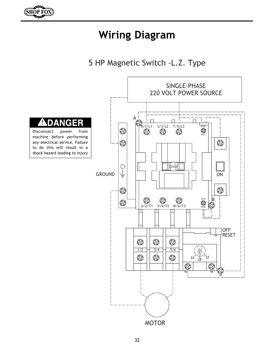 Wiring diagram, 5 hp magnetic switch -l.z. type, Single-phase 220 volt power source | Motor | Woodstock W1683 User Manual | Page 36 / 50