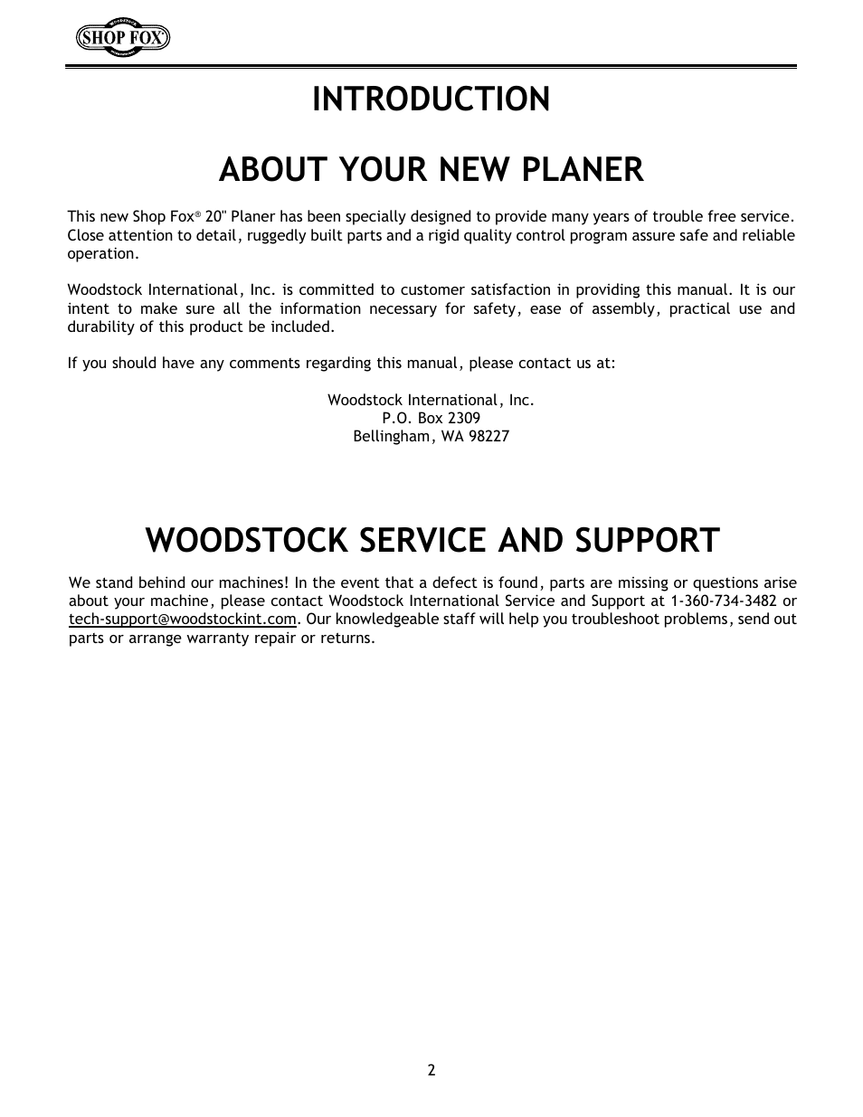 Introduction about your new planer, Woodstock service and support | Woodstock W1683 User Manual | Page 6 / 50