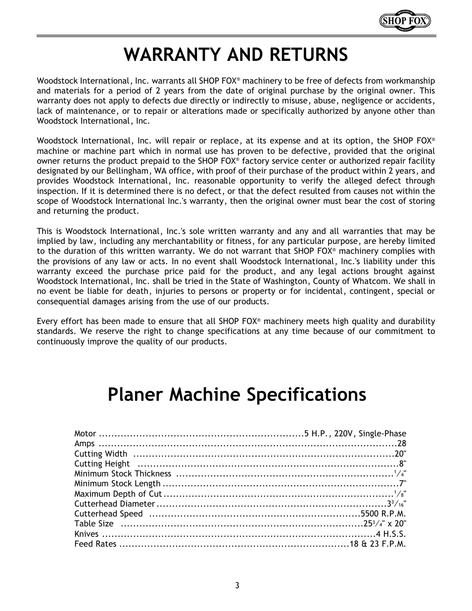 Warranty and returns planer machine specifications | Woodstock W1683 User Manual | Page 7 / 50