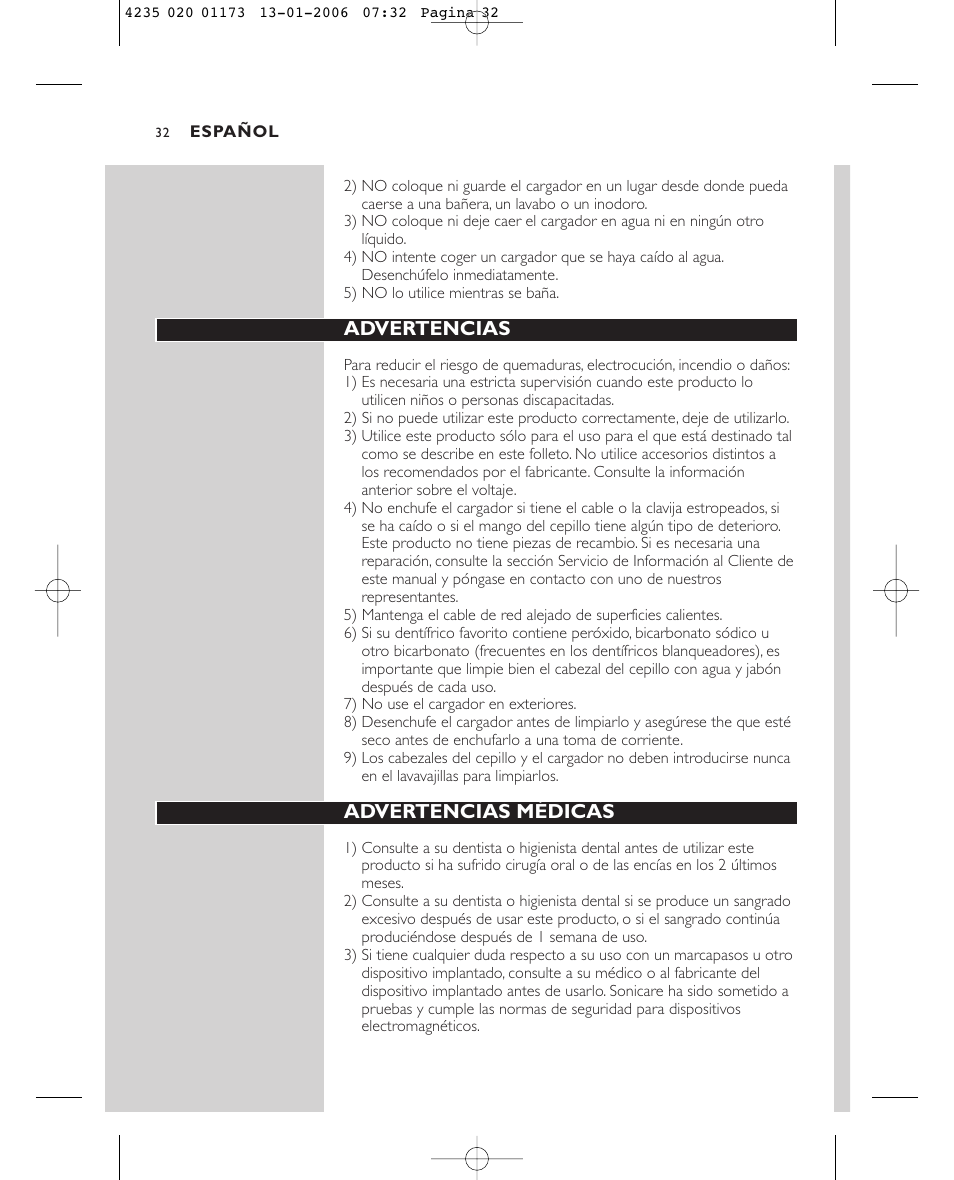 Advertencias, Advertencias médicas | Sonicare Sonicare e7000 User Manual | Page 32 / 48