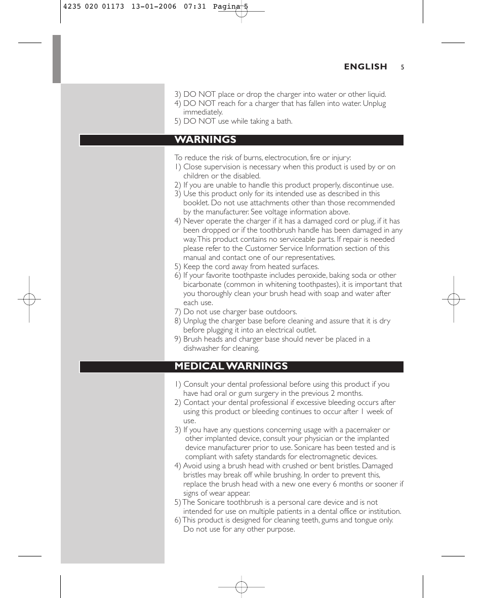 Warnings, Medical warnings | Sonicare Sonicare e7000 User Manual | Page 5 / 48