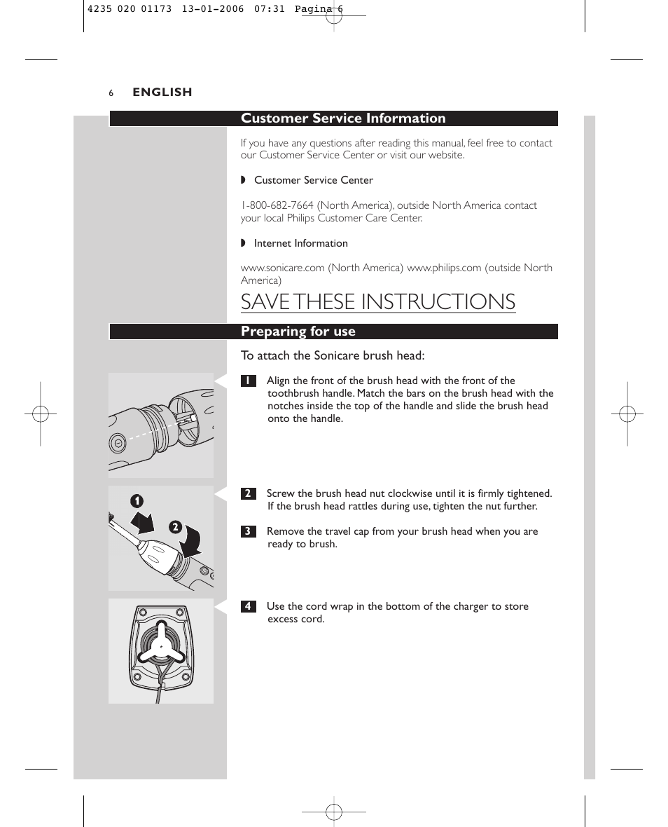 Save these instructions | Sonicare Sonicare e7000 User Manual | Page 6 / 48