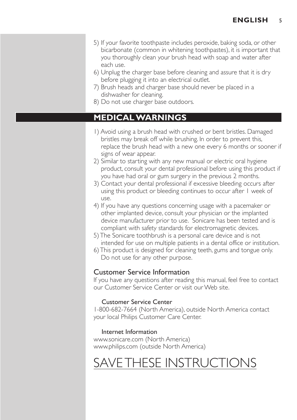 Save these instructions, Medical warnings | Philips Advance Têtes de brosse Sonicare User Manual | Page 5 / 40