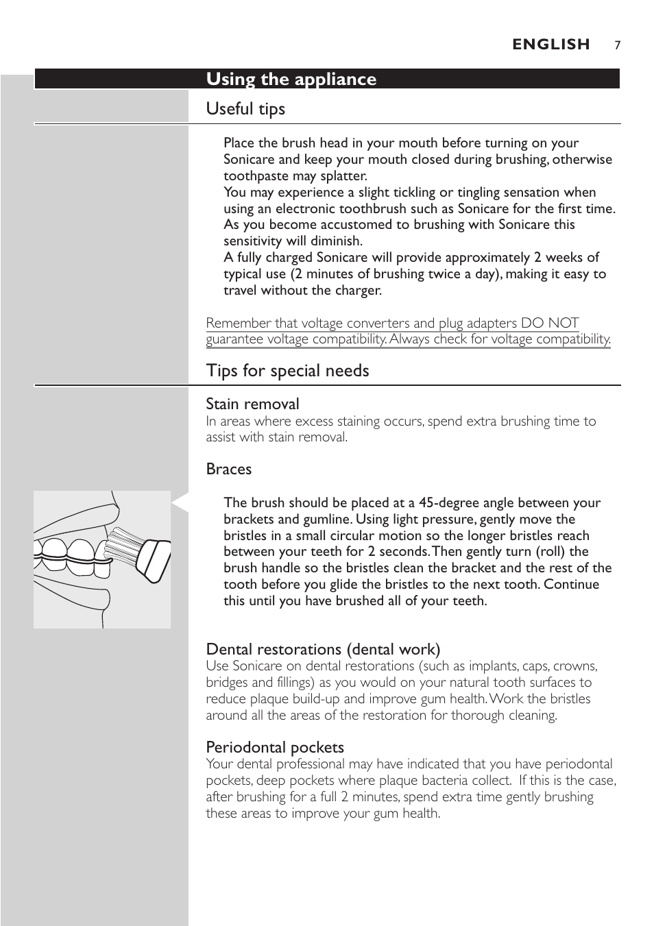 Using the appliance useful tips, Tips for special needs | Philips Advance Têtes de brosse Sonicare User Manual | Page 7 / 40