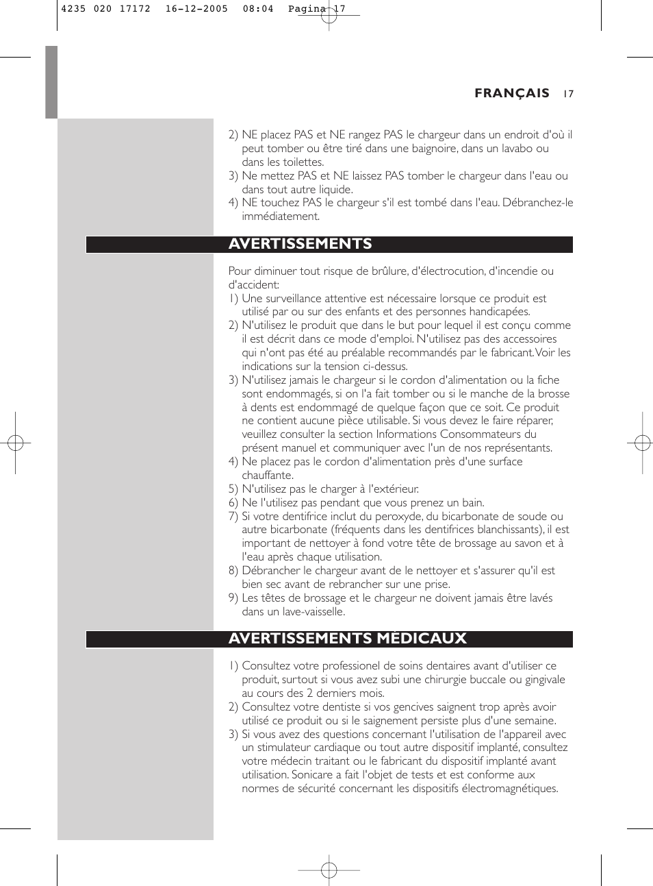 Avertissements, Avertissements médicaux | Sonicare Sonicare e5000 User Manual | Page 17 / 44