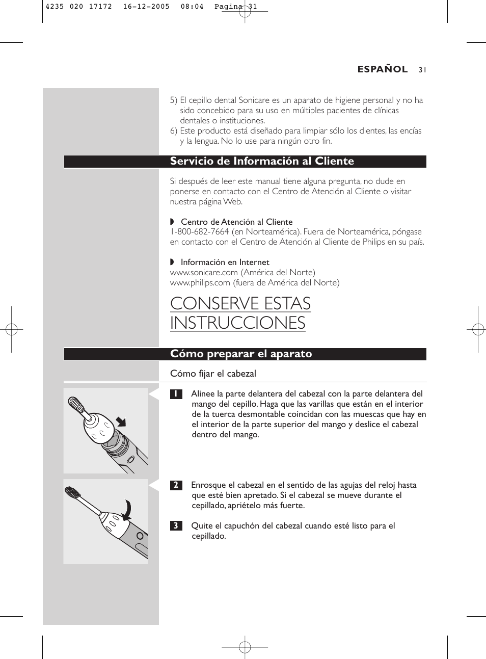 Conserve estas instrucciones | Sonicare Sonicare e5000 User Manual | Page 31 / 44