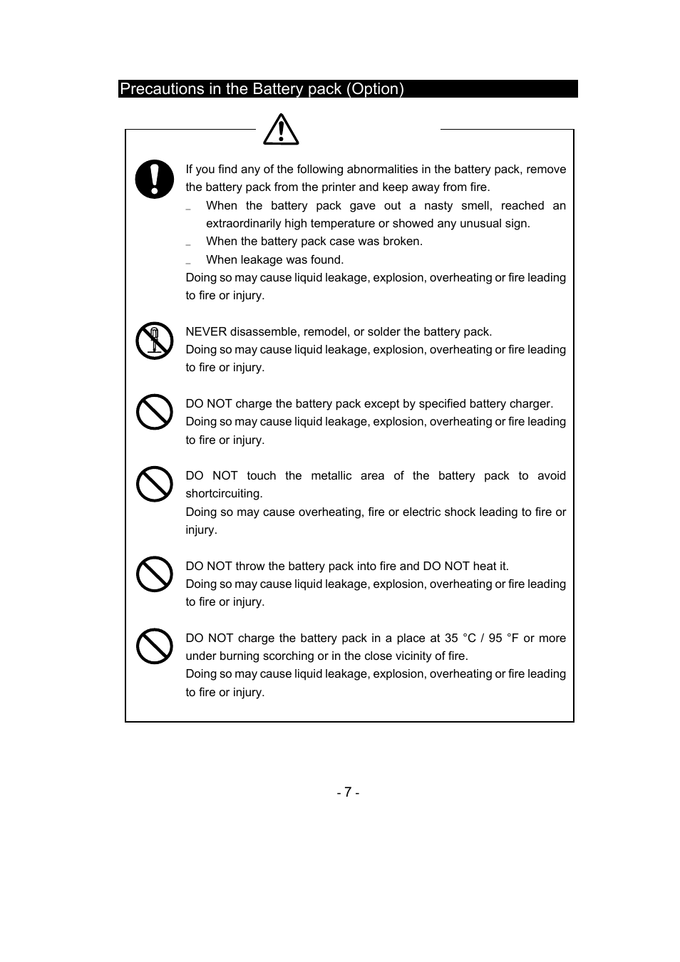 Warning, Precautions in the battery pack (option) | Seiko Instruments DPU-S445 User Manual | Page 11 / 46