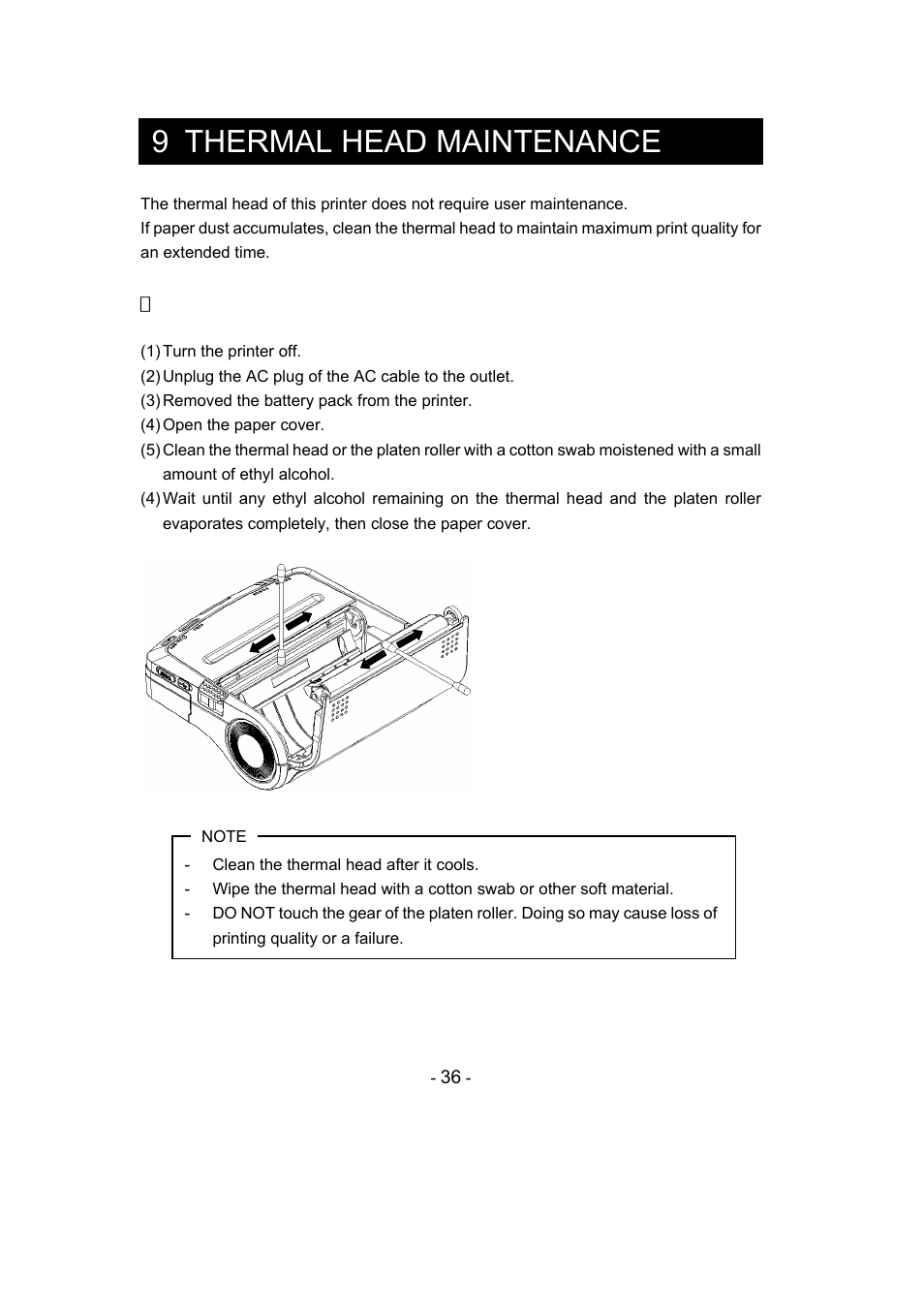 9 thermal head maintenance, Cleaning the thermal head | Seiko Instruments DPU-S445 User Manual | Page 40 / 46