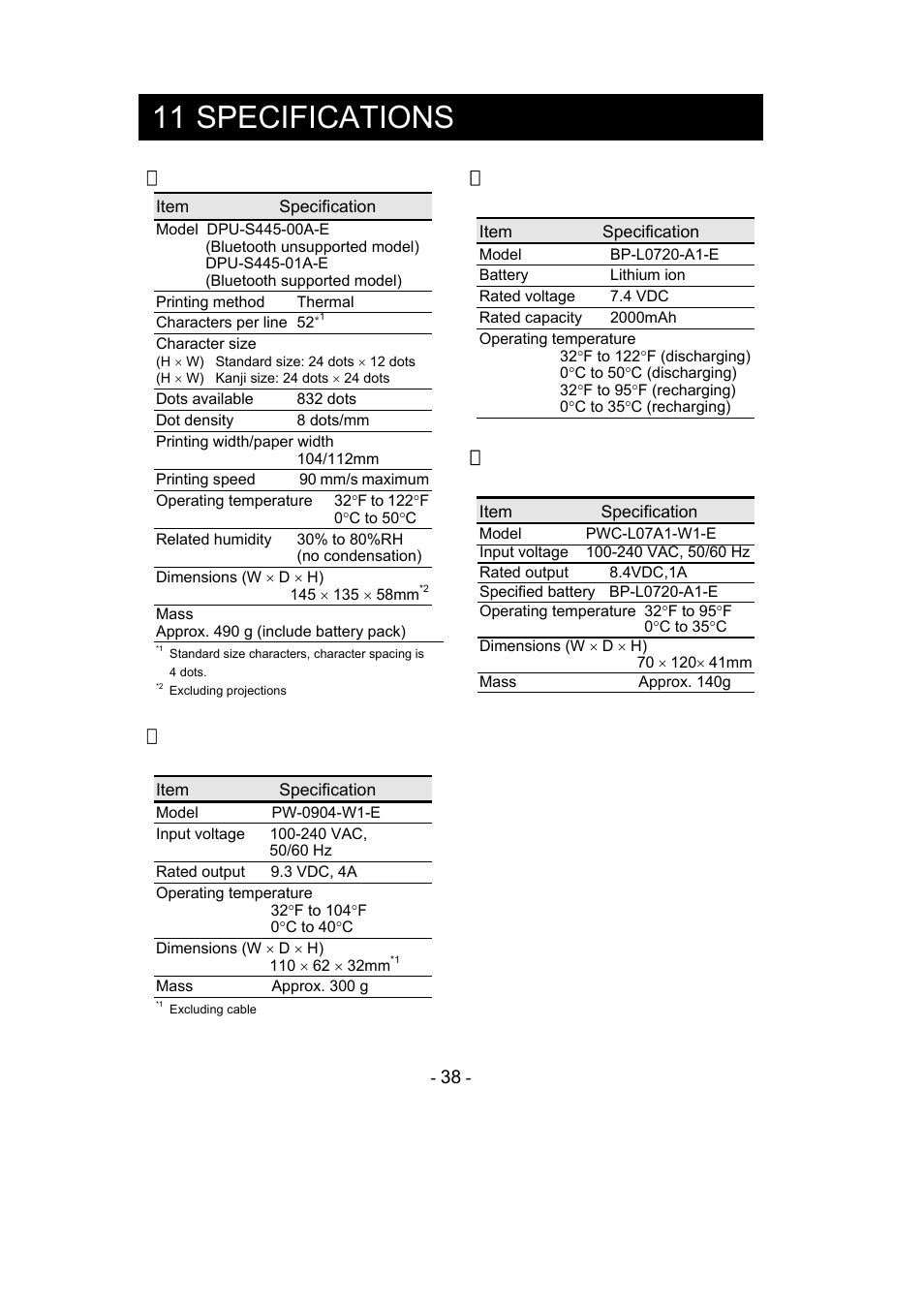 11 specifications, Printer specifications, Specified ac adapter | Specifications, Specified battery pack, Specified battery charger | Seiko Instruments DPU-S445 User Manual | Page 42 / 46