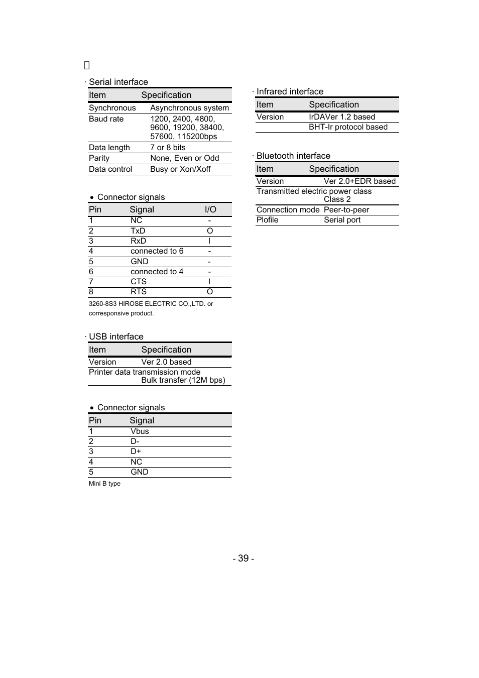 Interface specifications | Seiko Instruments DPU-S445 User Manual | Page 43 / 46