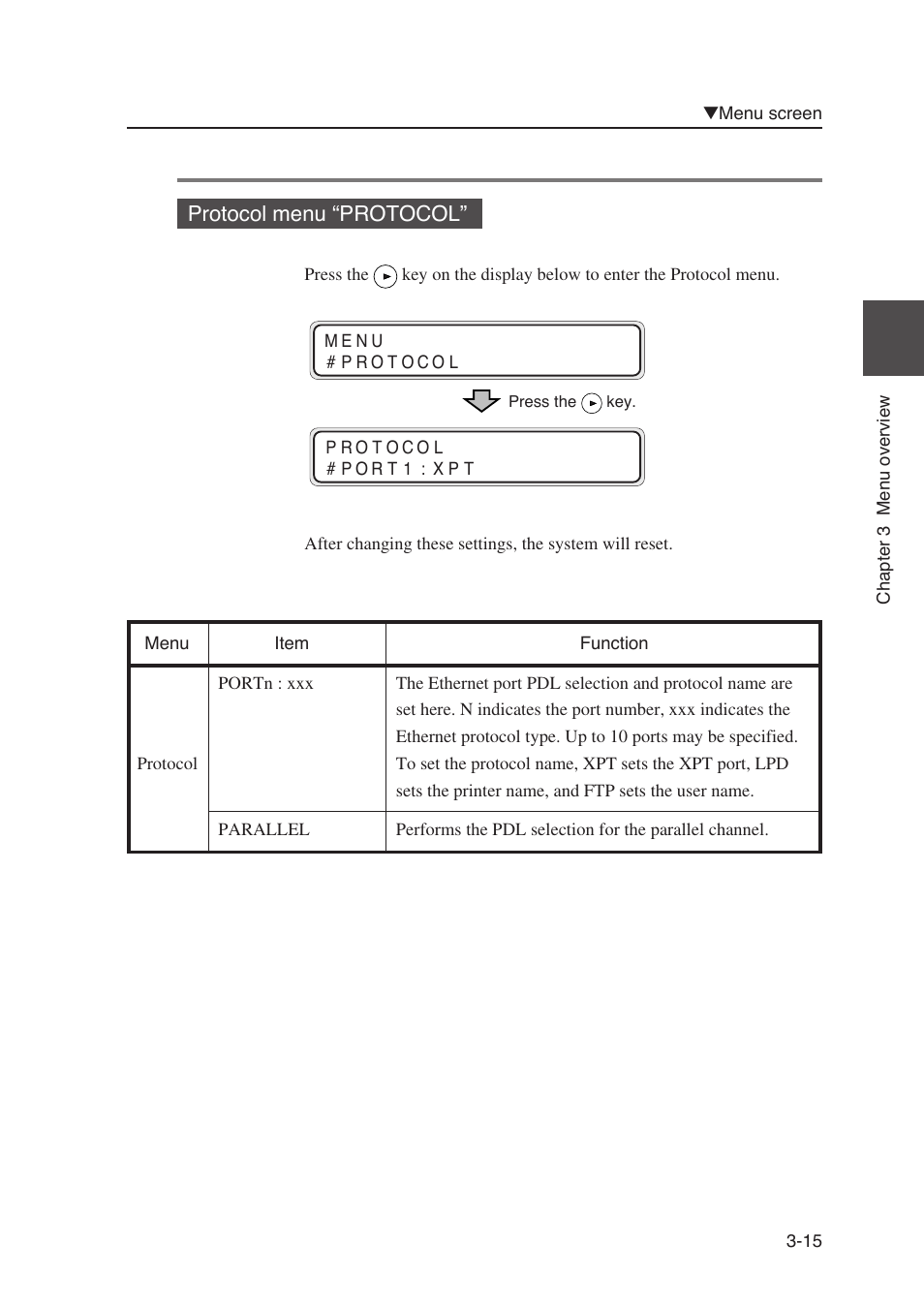 Protocol menu “protocol | Seiko Instruments SII Black-and-White Raster Plotter LP-1020 User Manual | Page 105 / 290