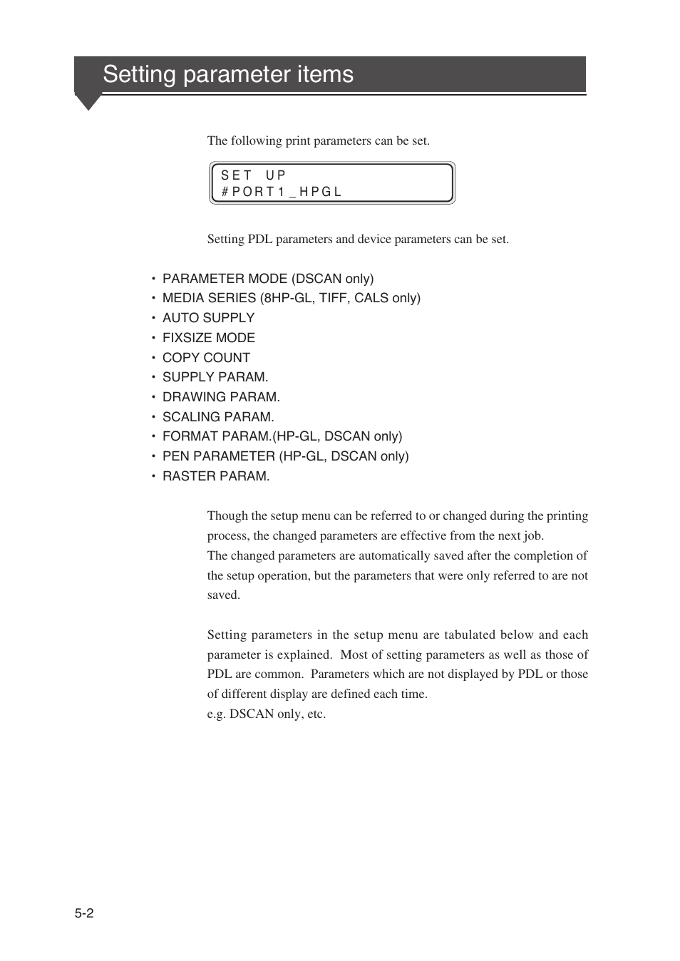 Setting parameter items | Seiko Instruments SII Black-and-White Raster Plotter LP-1020 User Manual | Page 120 / 290