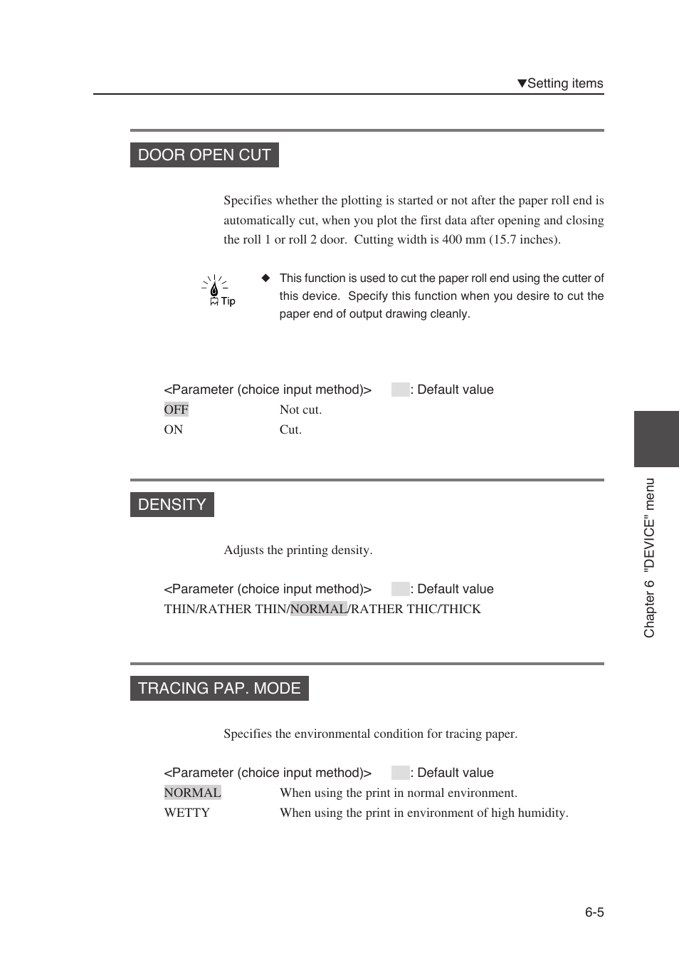 Door open cut, Density, Tracing pap. mode | Seiko Instruments SII Black-and-White Raster Plotter LP-1020 User Manual | Page 157 / 290