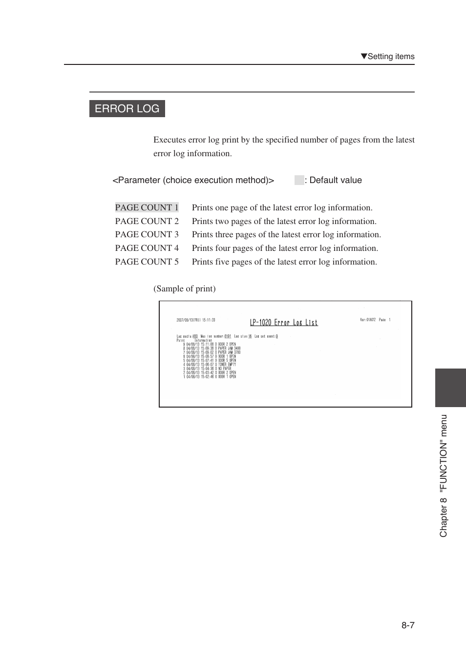 Error log | Seiko Instruments SII Black-and-White Raster Plotter LP-1020 User Manual | Page 169 / 290