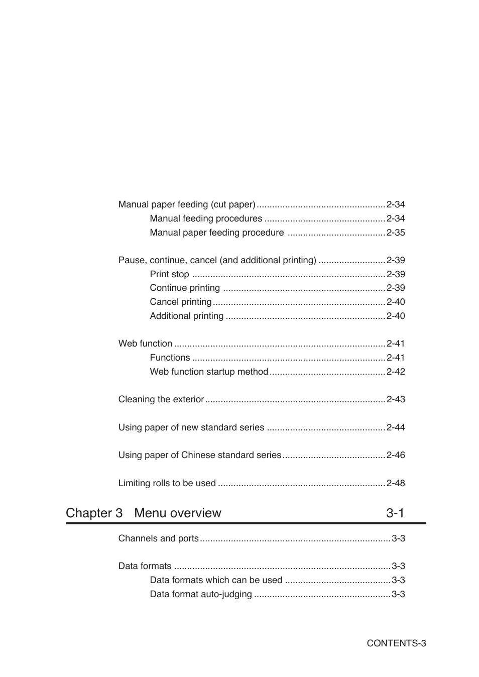 Chapter 3 menu overview 3-1 | Seiko Instruments SII Black-and-White Raster Plotter LP-1020 User Manual | Page 17 / 290