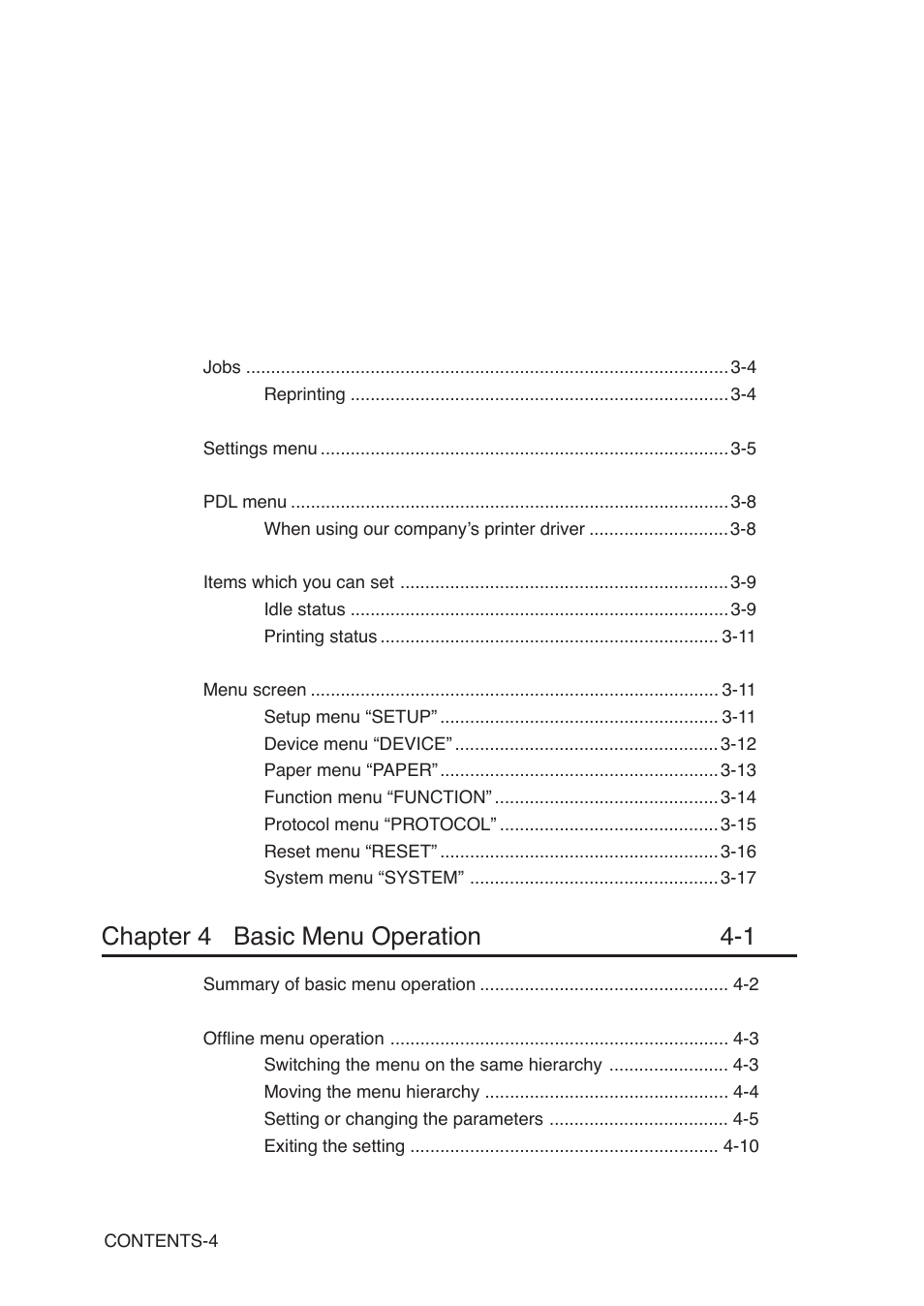 Chapter 4 basic menu operation 4-1 | Seiko Instruments SII Black-and-White Raster Plotter LP-1020 User Manual | Page 18 / 290