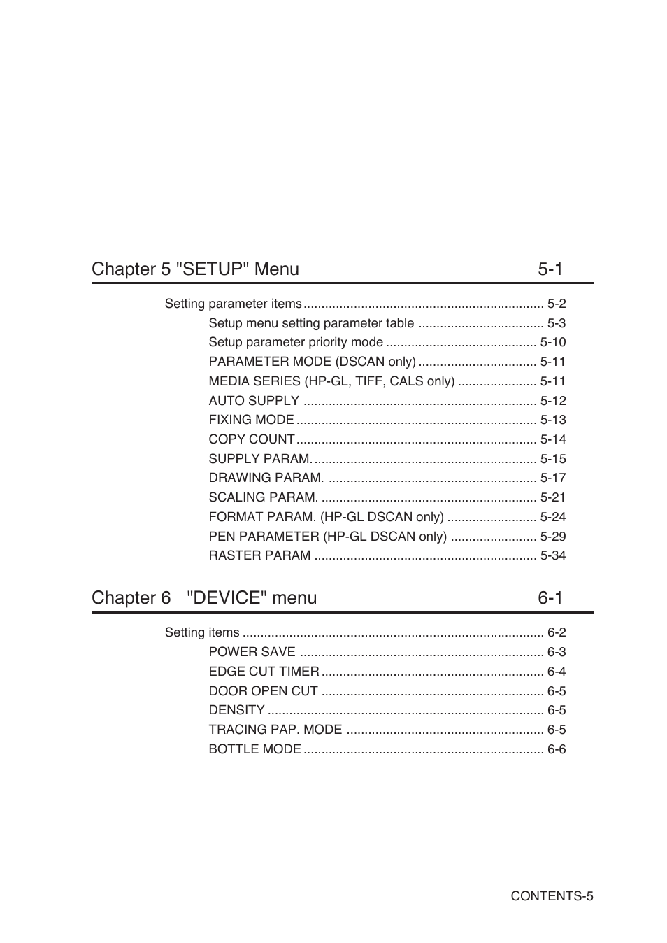 Chapter 5 "setup" menu 5-1, Chapter 6 "device" menu 6-1 | Seiko Instruments SII Black-and-White Raster Plotter LP-1020 User Manual | Page 19 / 290
