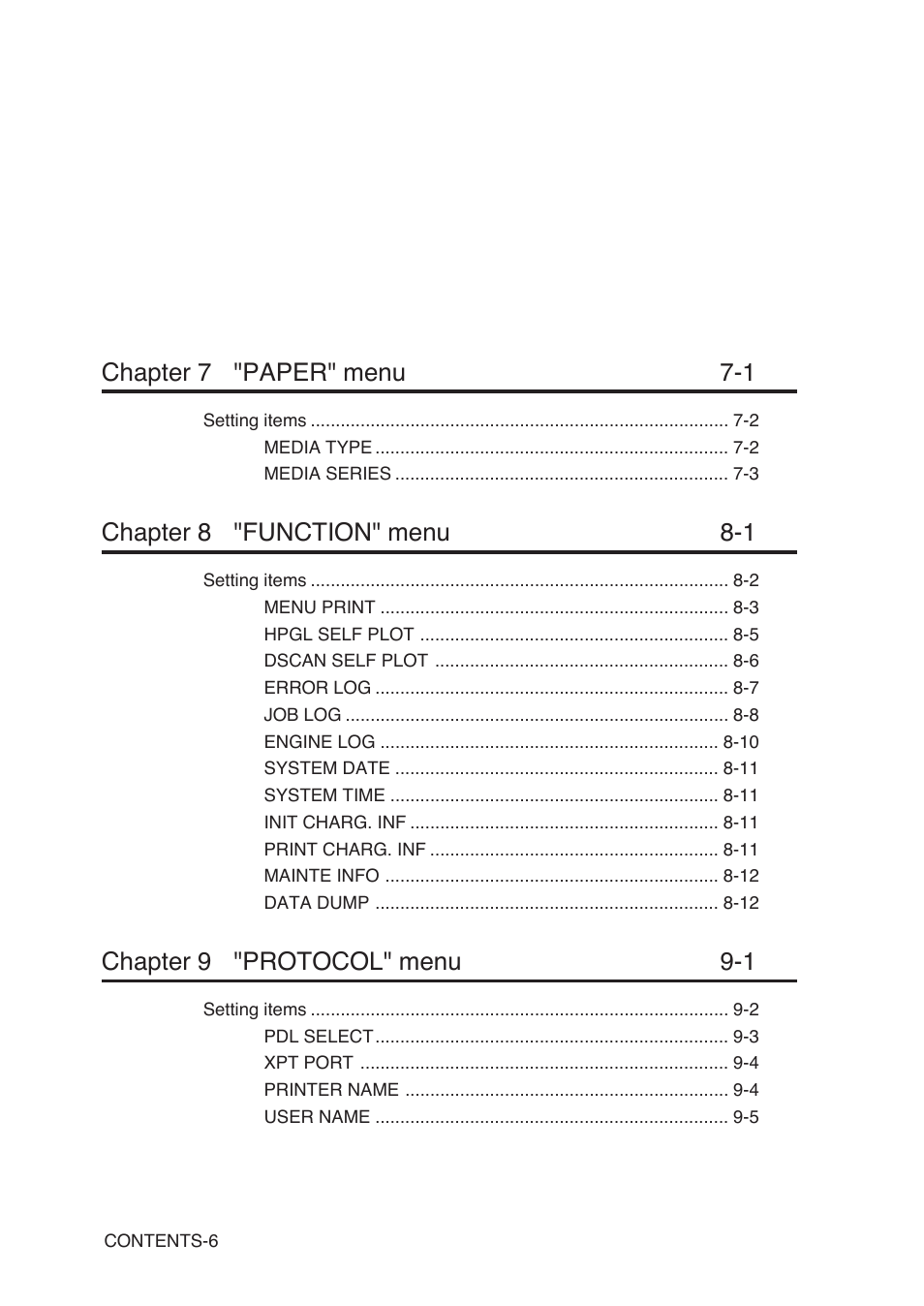 Chapter 7 "paper" menu 7-1, Chapter 8 "function" menu 8-1, Chapter 9 "protocol" menu 9-1 | Seiko Instruments SII Black-and-White Raster Plotter LP-1020 User Manual | Page 20 / 290