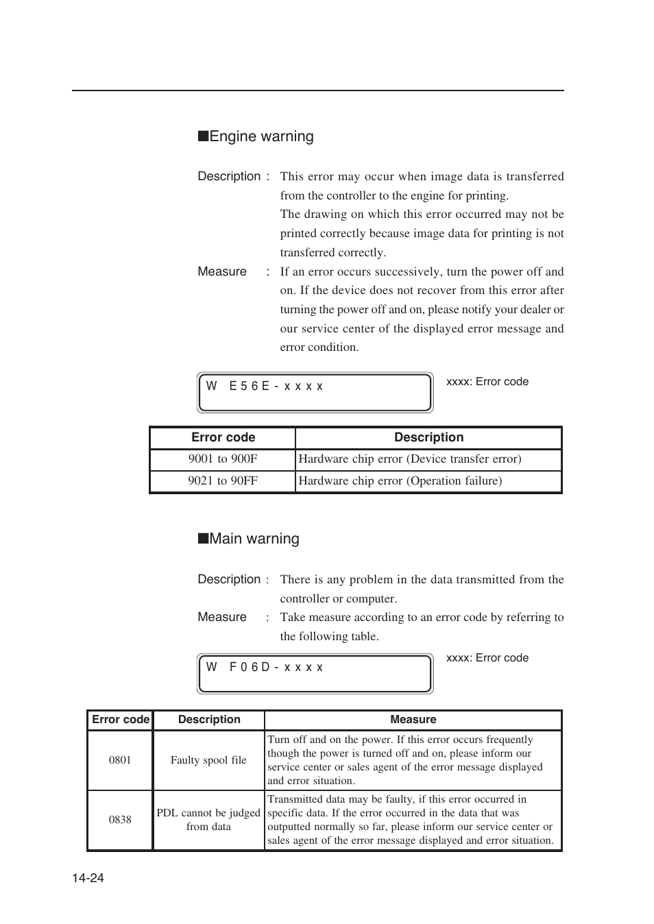 Engine warning, Main warning | Seiko Instruments SII Black-and-White Raster Plotter LP-1020 User Manual | Page 240 / 290