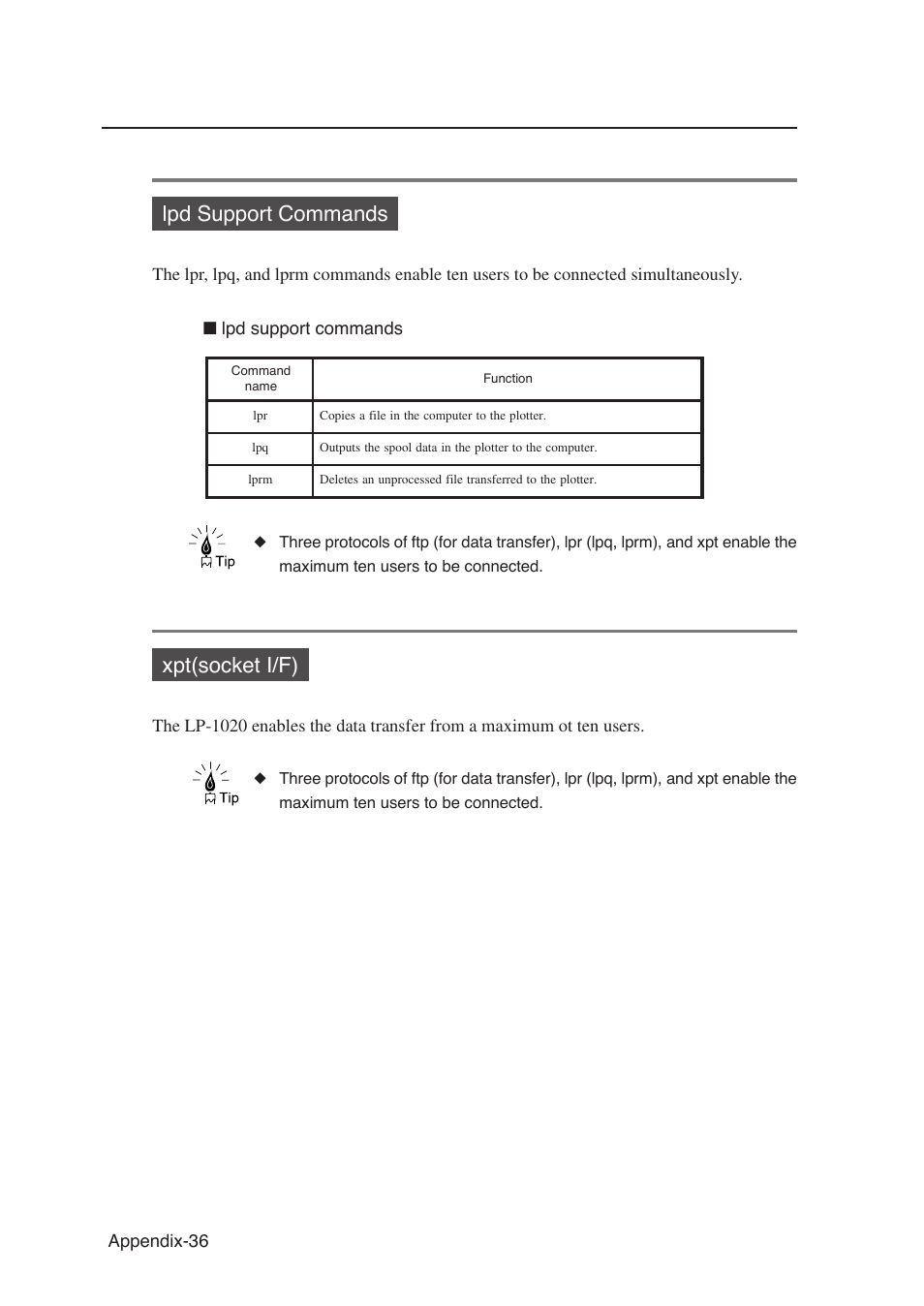 Lpd support commands, Xpt(socket i/f) | Seiko Instruments SII Black-and-White Raster Plotter LP-1020 User Manual | Page 290 / 290