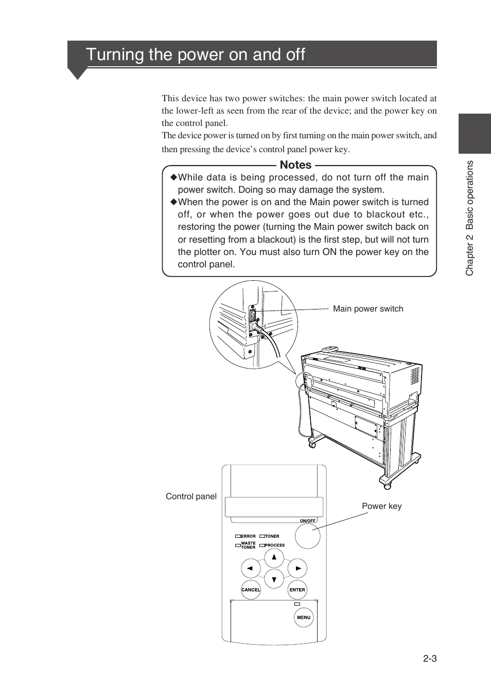Turning the power on and off | Seiko Instruments SII Black-and-White Raster Plotter LP-1020 User Manual | Page 45 / 290