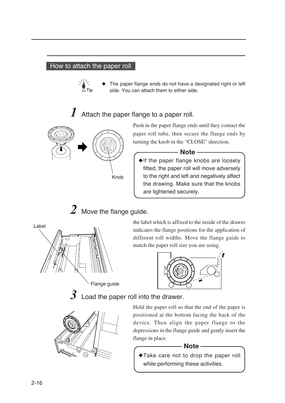 How to attach the paper roll, Attach the paper flange to a paper roll, Move the flange guide | Load the paper roll into the drawer | Seiko Instruments SII Black-and-White Raster Plotter LP-1020 User Manual | Page 58 / 290