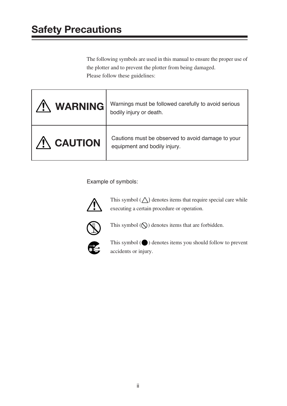 Safety precautions, Warning caution | Seiko Instruments SII Black-and-White Raster Plotter LP-1020 User Manual | Page 6 / 290