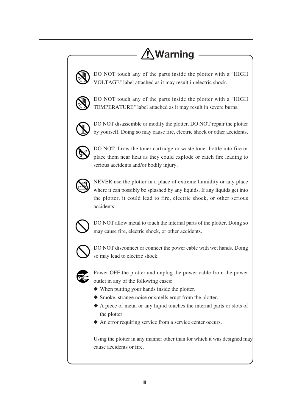 Warning | Seiko Instruments SII Black-and-White Raster Plotter LP-1020 User Manual | Page 7 / 290