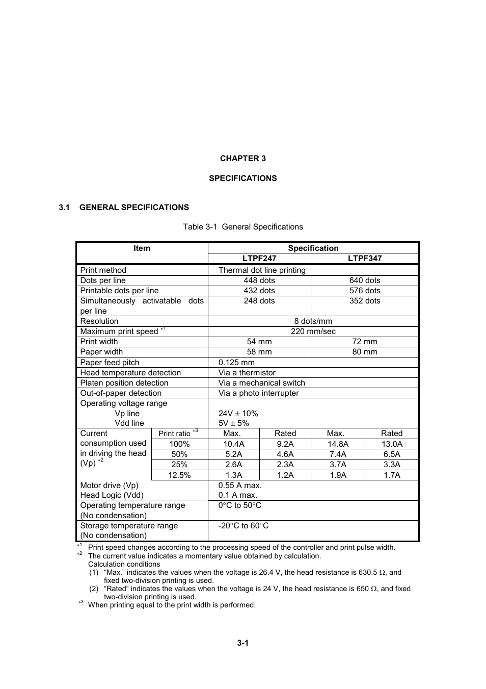 Chapter 3 specifications, 1 general specifications | Seiko Instruments LTP F Series User Manual | Page 19 / 86