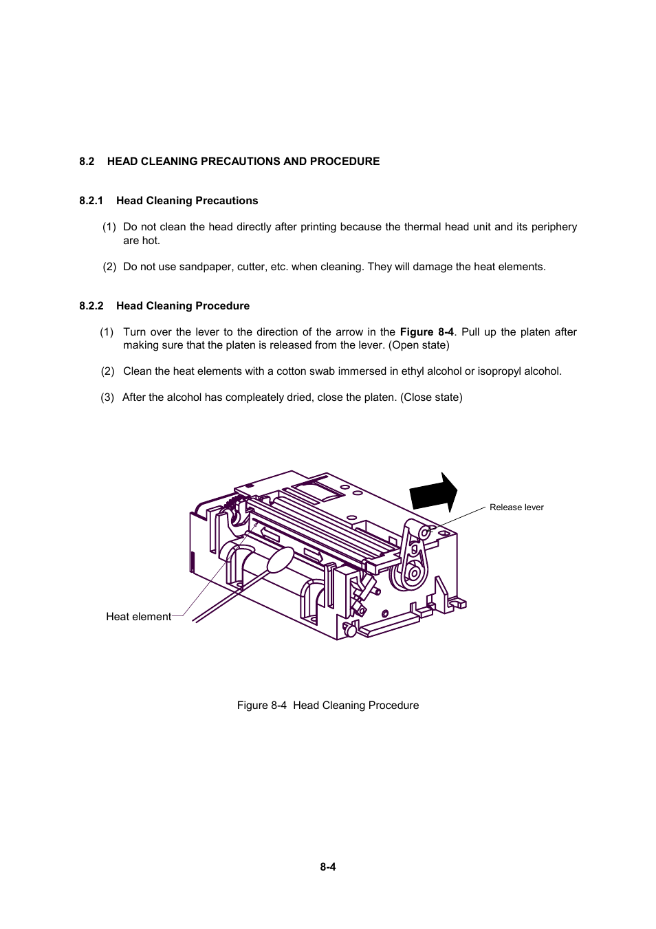 2 head cleaning precautions and procedure, 1 head cleaning precautions, 2 head cleaning procedure | Seiko Instruments LTP F Series User Manual | Page 74 / 86