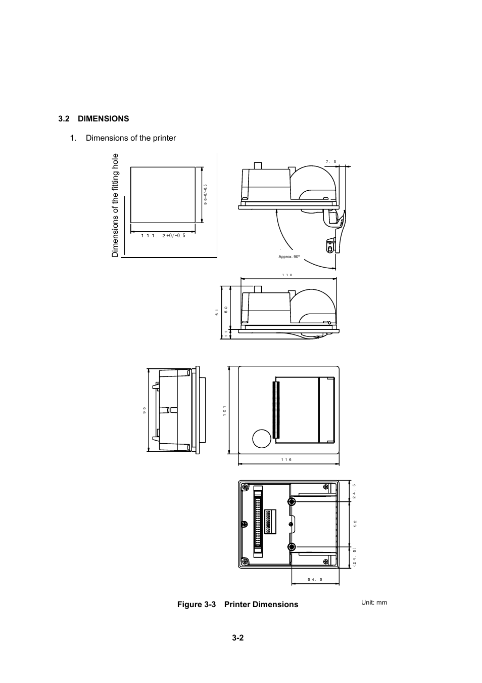 2 dimensions, 2 3.2 dimensions 1. dimensions of the printer, Figure 3-3 printer dimensions | Dimensions of the fitting hole | Seiko Instruments DPU-30 User Manual | Page 16 / 84