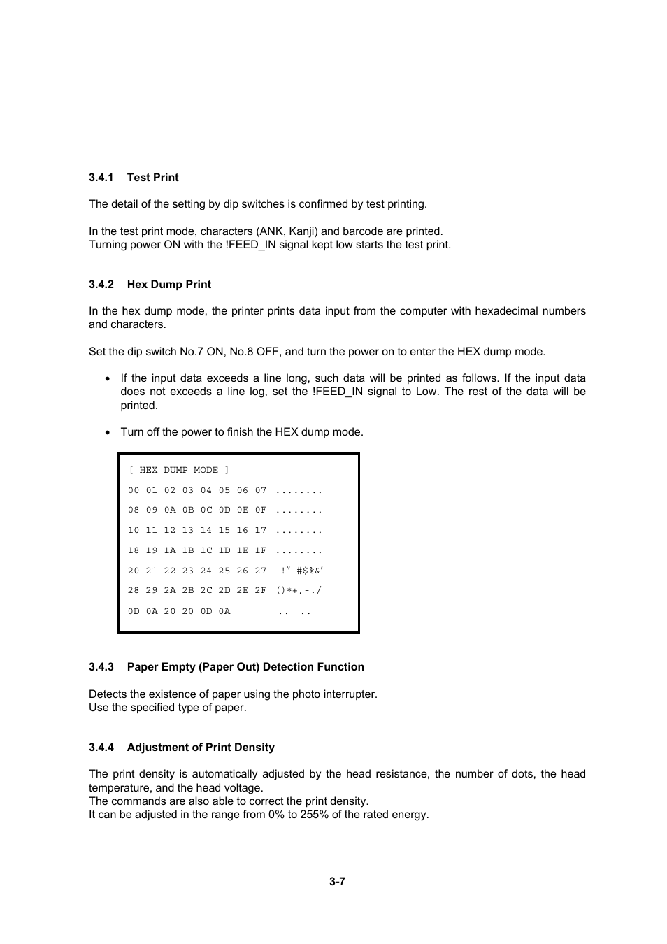 1 test print, 2 hex dump print, 3 paper empty (paper out) detection function | 4 adjustment of print density | Seiko Instruments DPU-30 User Manual | Page 21 / 84