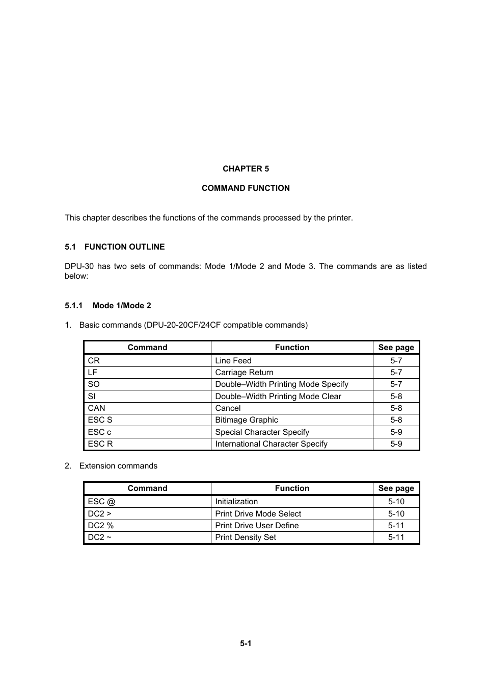 Chapter 5 command fuction, 1 function outline, 1 mode 1/mode 2 | Seiko Instruments DPU-30 User Manual | Page 29 / 84