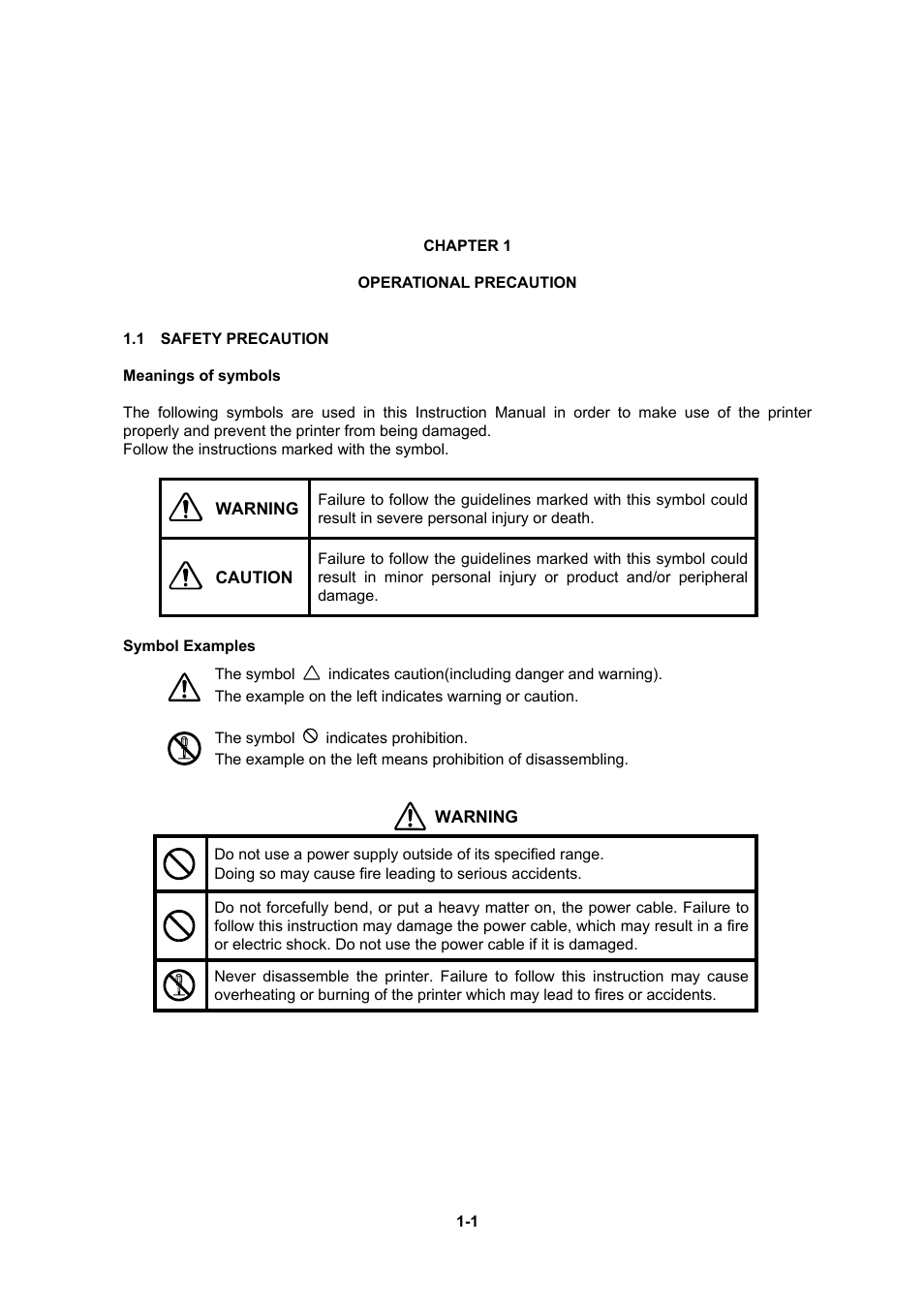 Chapter 1 operational precaution, 1 safety precaution | Seiko Instruments DPU-30 User Manual | Page 9 / 84