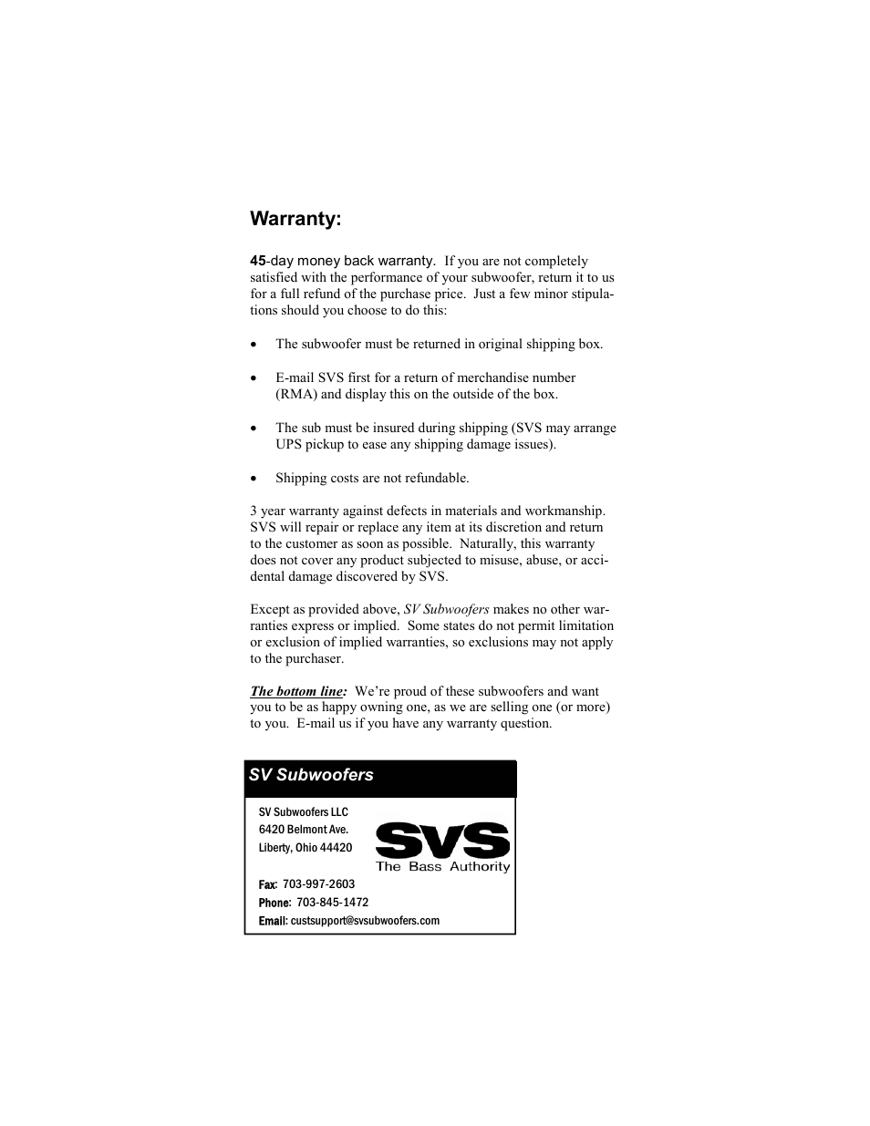 Warranty | SV Sound SVS Subwoofer PB12-Ultra User Manual | Page 16 / 16