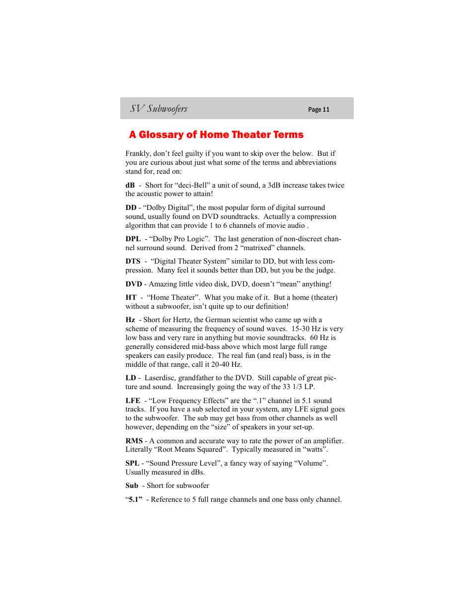 Sv subwoofers, A glossary of home theater terms | SV Sound 16-46PC  EN User Manual | Page 11 / 12